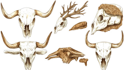 Fototapeta premium Bull Longhorn Skulls and Antlers Collection for Rustic Home Decor Generative AI