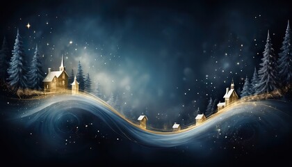 Naklejka premium Christmas trees decorated with golden stars standing on snowy hills at night, creating a magical and festive atmosphere with golden particles floating in the air.