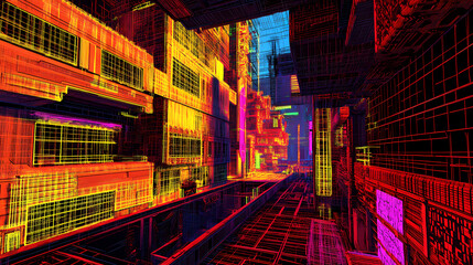 Obraz premium An intricate three-dimensional rendering of a dark, moody cyberpunk city street in the future. Neon Blade City. Illustration