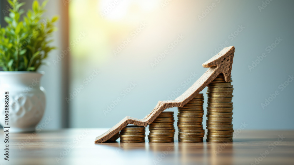 Poster Stack of coins with growth chart made from cookies on a wooden table.