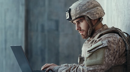 Military man in camouflage and helmet working on a laptop with a focused expression, leaning against a concrete wall. Cybersecurity and data analysis in field operations.
