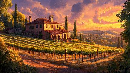 Naklejka premium Beautiful tuscan villa surrounded by lush vineyards at sunset, capturing the essence of rustic italian charm and serene countryside living. Lush Hillside. Illustration