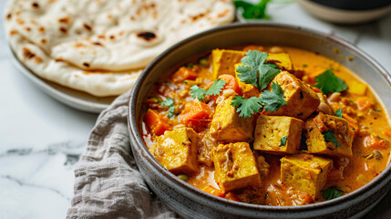 A hearty vegetarian tofu curry garnished with cilantro, served in a bowl with a side of fresh naan bread, showcasing rich flavors and textures