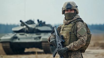 A military infantry soldier in tactical gear and a helmet holds a rifle in front of a tank in a field. teamwork, readiness for combat. copy space