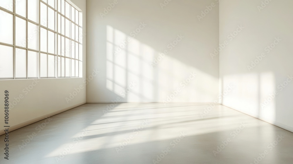 Poster empty room with large window and sunbeams streaming through.