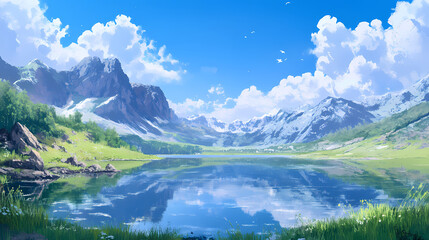 Fototapeta premium Captivating landscape shot capturing the expansive echoing azure lake renowned for its crystal clear waters that mirror the vast blue sky above. Mirror Lake. Illustration