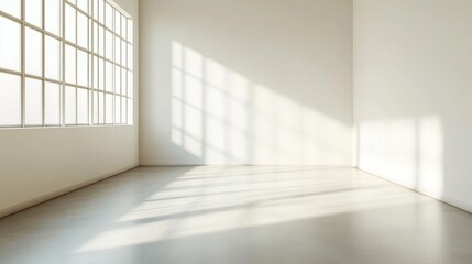 Obraz premium Empty room with large window and sunbeams streaming through.