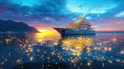 Obraz premium Electric vessel in bioluminescent waters, marine life glowing, harmony of technology and nature