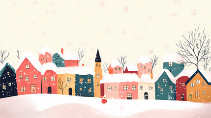 Christmas winter fairy village landscape, greetings card style snowy christmas village scene. Snowy Village. Illustration