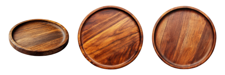 Empty round and oval plates made from dark wood isolated on white background top view mockup for food project design