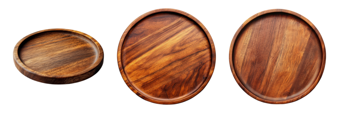 Empty round and oval plates made from dark wood isolated on white background top view mockup for food project design