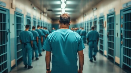 A group of inmates in blue uniforms walk down a prison corridor, viewed from behind.  The image suggests confinement, uniformity, and the stark reality of incarceration.