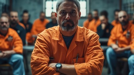 A group of inmates in orange jumpsuits sit in a prison cell, with one man looking directly at the camera.