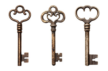Three antique keys isolated on white background old metal key security vintage secret ancient lock antique style history retro bronze object decorative design element ornate pattern