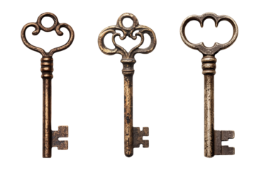 Three antique keys isolated on white background old metal key security vintage secret ancient lock antique style history retro bronze object decorative design element ornate pattern