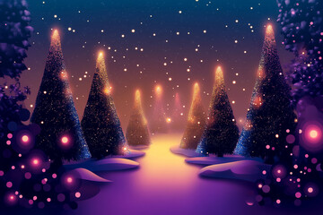 Abstract illustration of magical ethereal forest glows with fir-trees enchanting Christmas lights, casting a festive atmosphere