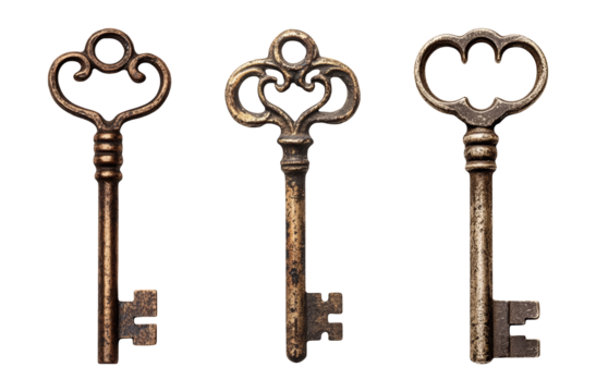 Three antique keys isolated on white background old metal key security vintage secret ancient lock antique style history retro bronze object decorative design element ornate pattern