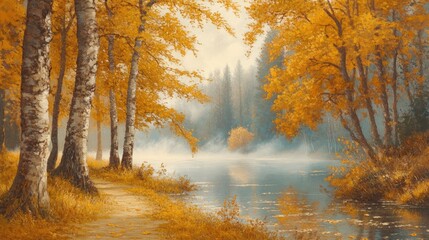 Fototapeta premium Charming Autumn Landscape with Golden Foliage