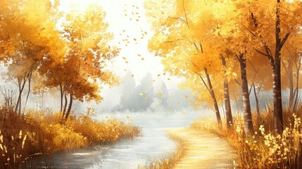 Charming Autumn Landscape with Golden Leaves by Water