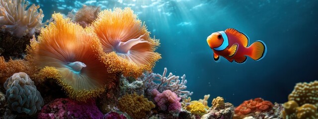 Obraz premium Close-up of coral reef, vibrant underwater colors and intricate marine life details, ocean deep theme