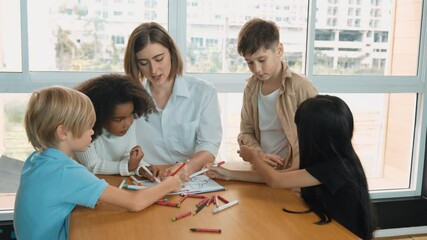 Panorama shot of diverse student and smart teacher drawing and coloring by using marker or crayon at drawing book. Learner using drawing book together in art lesson. Creative activity. Erudition. - Powered by Adobe