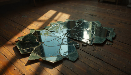 Broken mirror shards scattered on wooden floor, sunlight streaming through the window, creating shadows