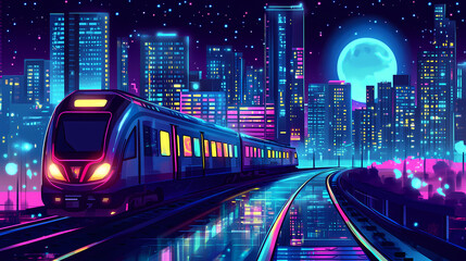 Fototapeta premium Futuristic cityscape with train at night, digital art, cityscape, train, neon lights , city , transportation. Neon Blade City. Illustration