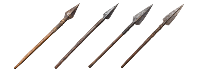 Five antique wooden spears isolated on white background ancient weapon primitive hand tools history hunting tool stick with metal spearhead prehistoric times archeology old object weapon concept