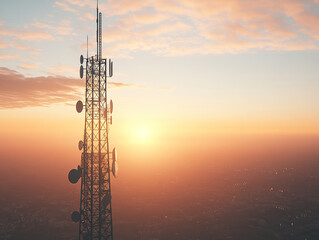 Obraz premium Telecommunication Tower at Sunset with Clear Sky Background