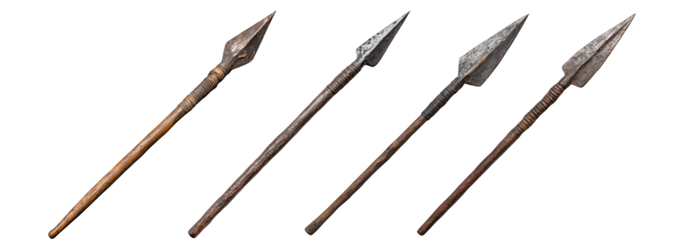 Five antique wooden spears isolated on white background ancient weapon primitive hand tools history hunting tool stick with metal spearhead prehistoric times archeology old object weapon concept