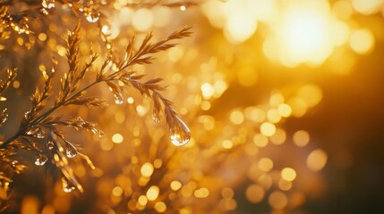 Fresh dewdrop in outdoor sunlight, ultrarealistic detail, soft bokeh, warm tones, natural background