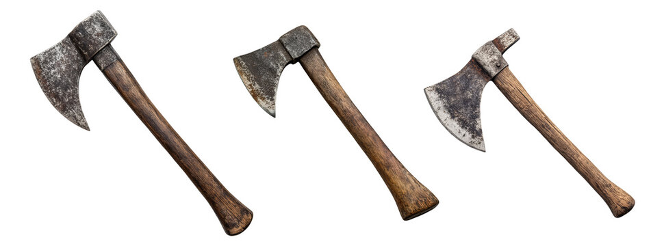 Three old rusty axes with wooden handles isolated on a white background vintage construction tools carpentry equipment lumberjack accessories sharp blade dangerous weapon chopping wood retro tools