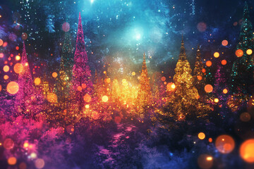 Abstract illustration of magical ethereal forest glows with fir-trees enchanting Christmas lights, casting a festive atmosphere