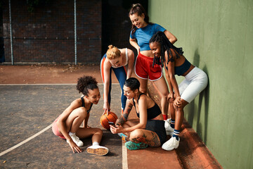 Basketball, happy friends and selfie of women for sport, social media or diversity together at court. Picture, ball or group of girls outdoor for photography on training break, fitness or team memory