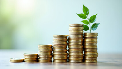 A stack of coins with a small plant sprouting through it.