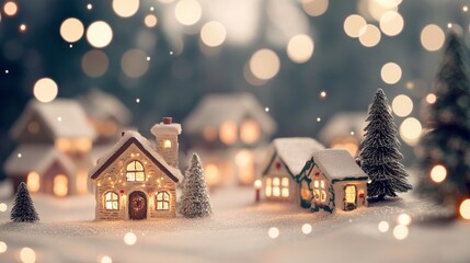 Charming Snowy Christmas Village with Lit-Up Houses and Evergreen Trees in Soft Glowing Holiday Light