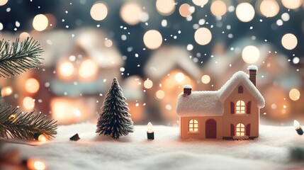 Snow-Covered Miniature House with Lit Windows and Christmas Tree in Cozy Holiday Village Scene