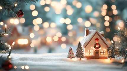 Festive Miniature House Decorated with Wreath and Christmas Trees in Snowy Holiday Scene with Warm Lights
