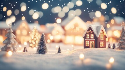 Charming Miniature Christmas Village with Snow-Covered Houses and Trees Illuminated by Warm Festive Lights