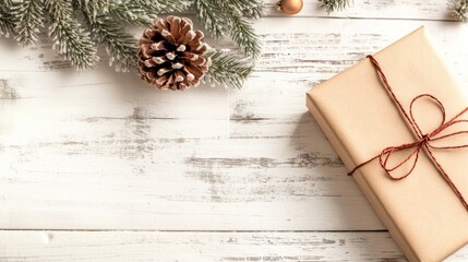 Simple Christmas Gift in Kraft Paper with Red Twine Next to Pine Branches and Frosted Pinecone on White Wooden Surface