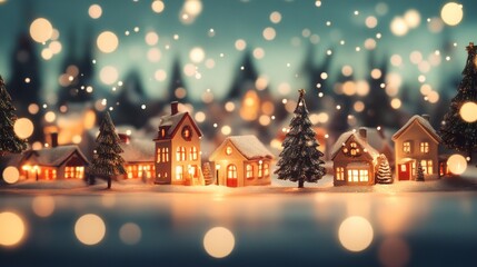 Snowy Christmas Village with Lit-Up Houses and Pine Trees in Warm Glowing Holiday Atmosphere
