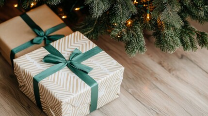 Elegant Christmas Presents with Green Ribbons Under Festive Tree on Wooden Floor