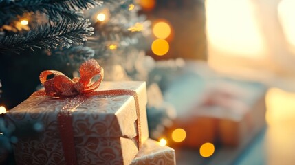 Beautifully Wrapped Christmas Gift Boxes with Sparkling Ribbon Under Decorated Tree in Cozy Holiday Light