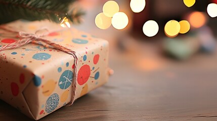 Festive Gift Wrapped in Colorful Paper with Twine Bow Near Christmas Tree and Warm Holiday Lights