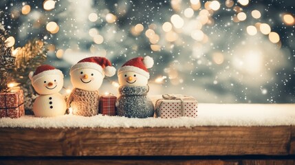Three Cute Snowmen in Santa Hats with Gifts on Snowy Wooden Ledge in Magical Christmas Lighting