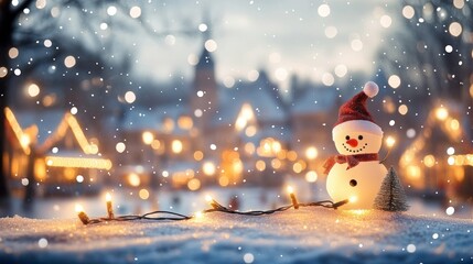 Festive Snowman with Santa Hat in Snowy Winter Wonderland with Christmas Lights Twinkling in Background