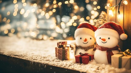 Adorable Snowmen with Santa Hats and Gift Boxes in Snowy Christmas Scene with Twinkling Holiday Lights