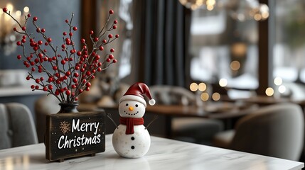 Cozy Christmas Decor with Cute Snowman Figurine and Festive Berry Arrangement on Table