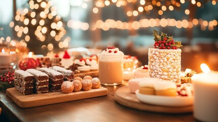 Festive Dessert Spread with Holiday Cakes, Pastries, and Hot Chocolate on Rustic Table by Christmas Lights