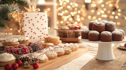 Holiday Dessert Table with Assorted Festive Cupcakes, Cookies, and Cakes in Warm Christmas Lighting